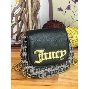 Juicy Couture Mini Crossbody Bag Black Gold Chain Checkerboard Logo Flap
